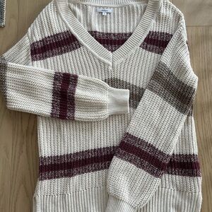 Cream V-Neck Stripe Knit Sweater
